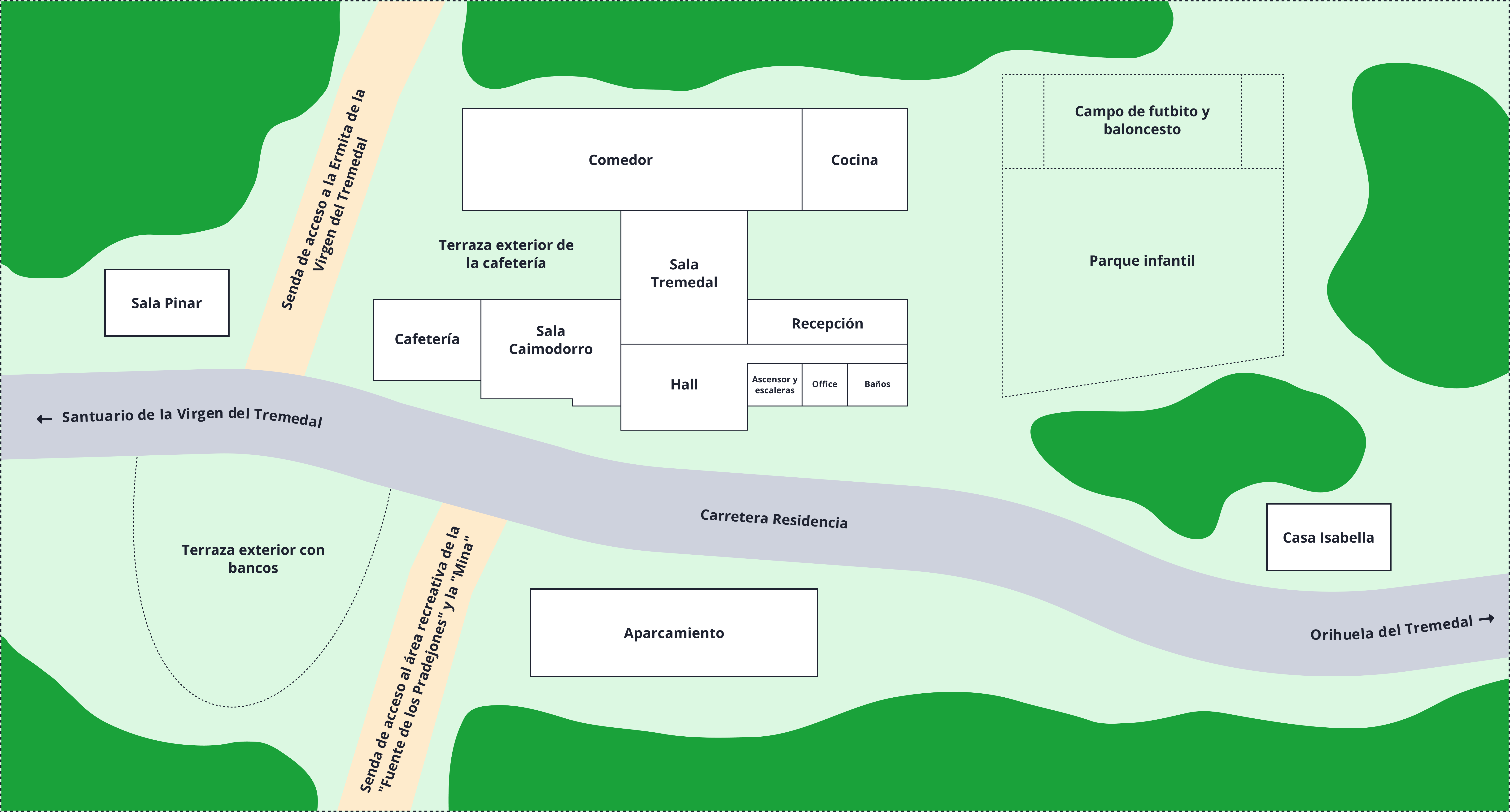 Mapa simple de los espacios y ubicación de la Residencia de Tiempo Libre de Orihuela del Tremedal