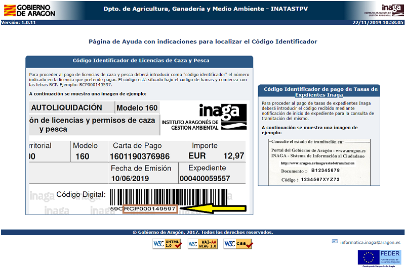 Imagen de la página de ayuda para localizar el código identificador de una licencia o una tasa INAGA