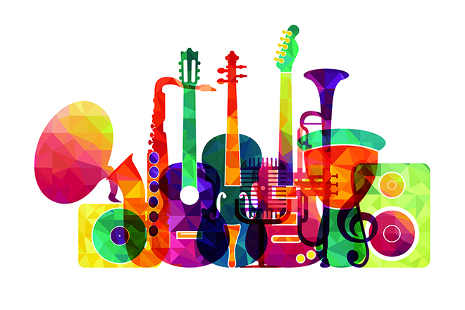 Ilustración de un grupo de instrumentos musicales dispuestos en linea y franqueados por dos altavoces realizada en un caleidoscopio de colores.