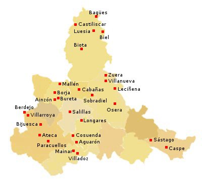 Mapa de la provincia de Zaragoza con las localidades en las que se han realizado obras de restauración del patrimonio arquitectónico