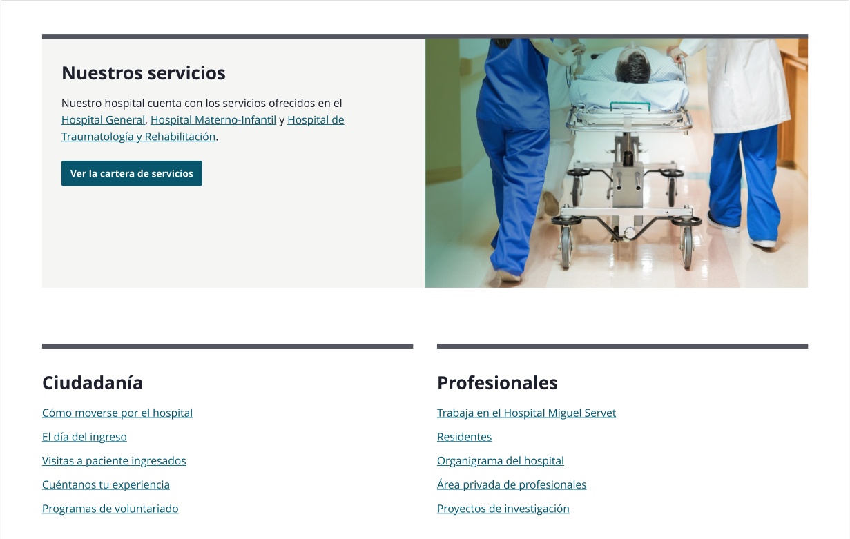 Prototipo de una web de hospital, que muestra los menús y otros elementos de interacción