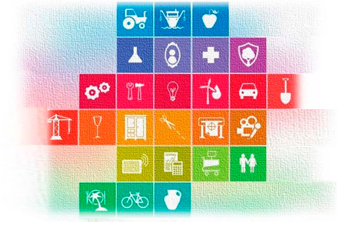 múltiples iconos cuadrados de diversos colores que representan actividades profesionales