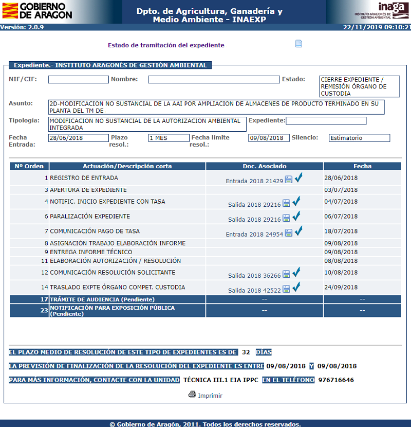 Ejemplo de la consulta del estado de tramitación de un expediente INAGA