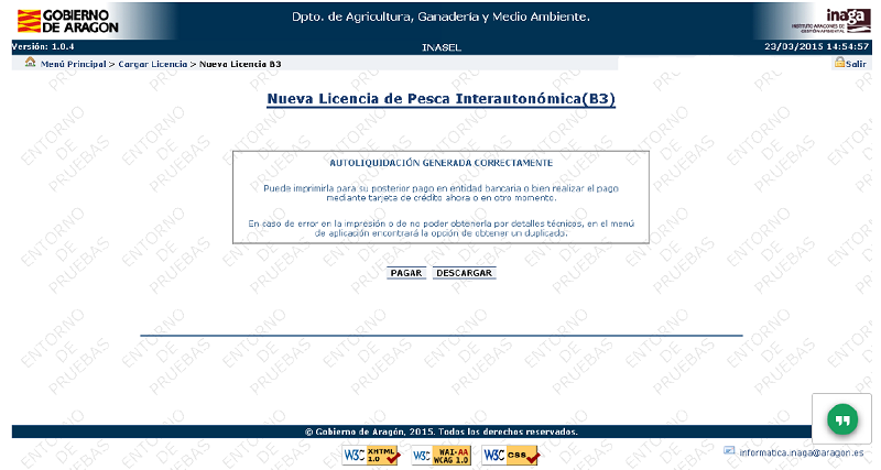 Pantalla con mensaje autoliquidación generada. Aplicación INASEL de INAGA para la emisión de licencias de caza y pesca.