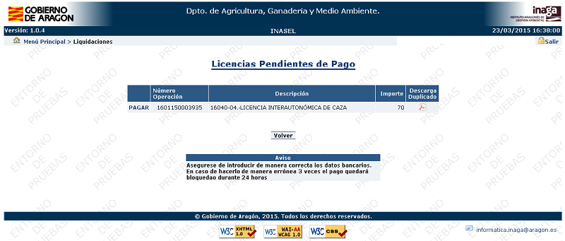 Pantalla de la aplicación INASEL de INAGA que muestra un ejemplo de las licencias de caza y pesca, pendientes de pago, de un usuario.