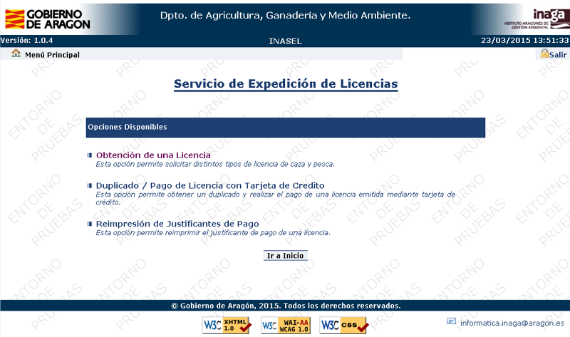 Menú principal de la Aplicación INASEL de INAGA para la emisión de licencias de caza y pesca. Opciones disponibles.