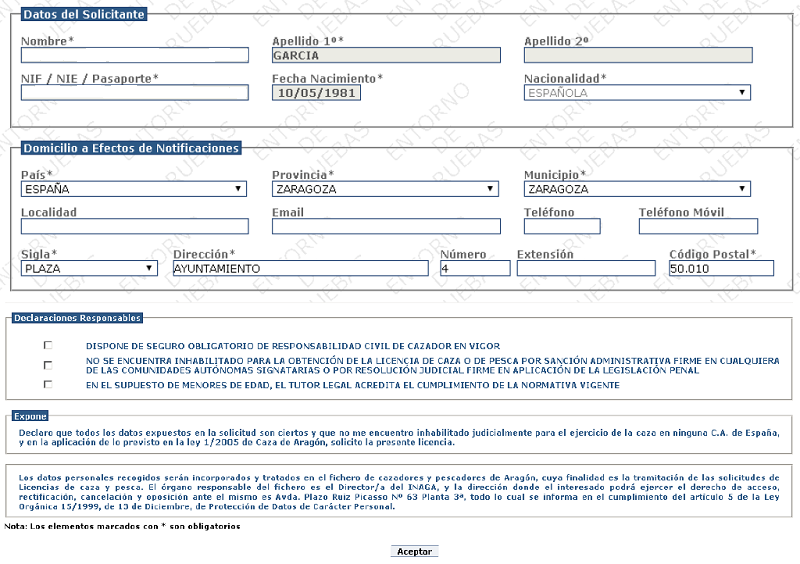 Pantalla de la aplicación INASEL de INAGA con los datos personales de la licencia de caza o pesca a emitir