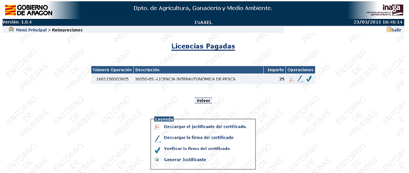 Pantalla de la aplicación INASEL que muestra las licencias de caza o pesca pagadas y da opción de generar y reimprimir justificantes de pago