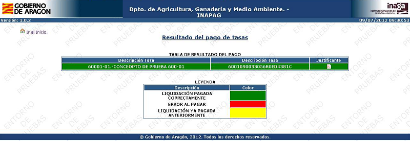 Aplicación INAPAG Resultado del pago de tasas mediante cargo en cuenta