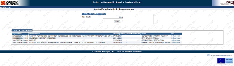 Aplicación INASIC Aportación voluntaria de documentación Listado de expedientes