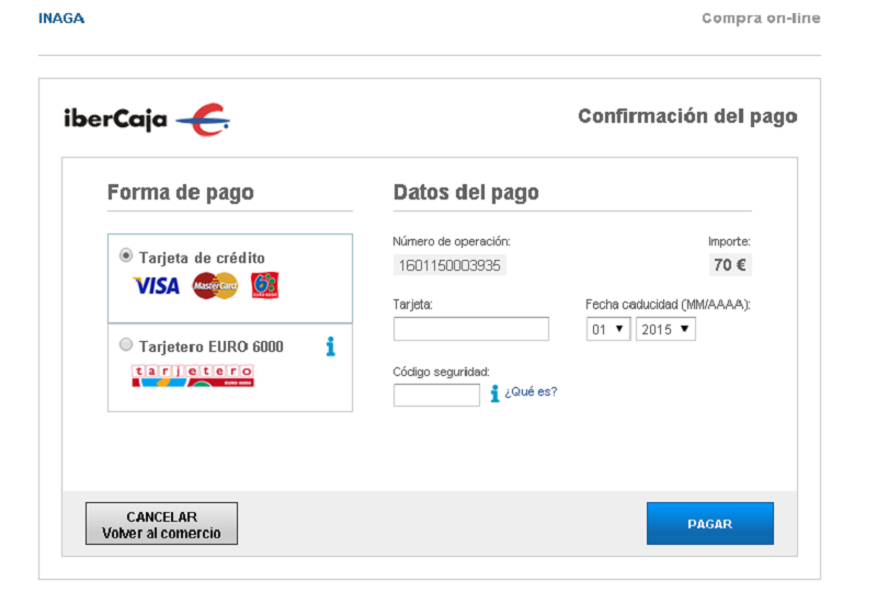 Pasarela de pagos con tarjeta de crédito o TPV de la Confederación Española de Cajas de Ahorro