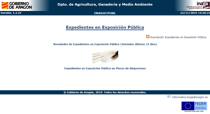 Imagen de la página inicial de la aplicación INADOCPUBL Expedientes en Exposición Pública