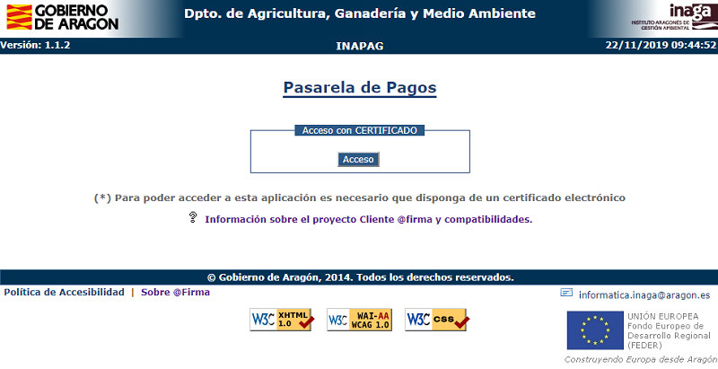 Página inicial de la aplicación INAPAG de INAGA. Pasarela de pagos para cargo en cuenta.