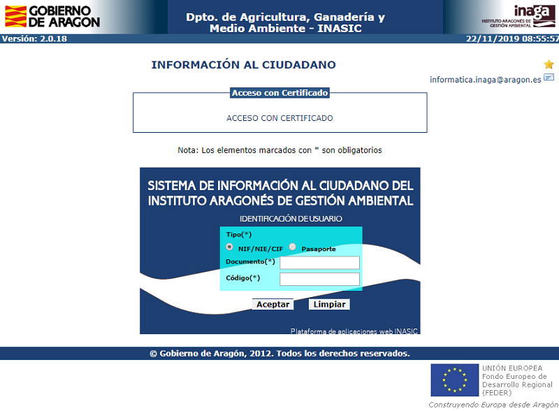 Página inicial de la aplicación INASIC de INAGA. Sistema de información al ciudadano.