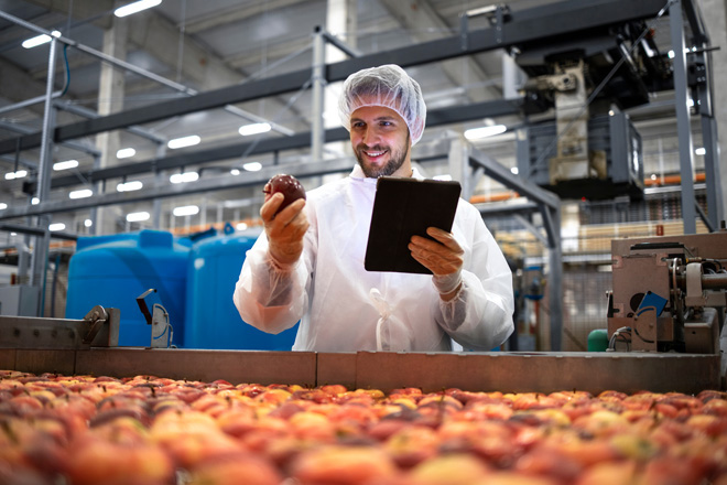 Trabajador con protecciones sobre su traje y su cabeza, en el interior una fábrica de alimentación revisando una manzana