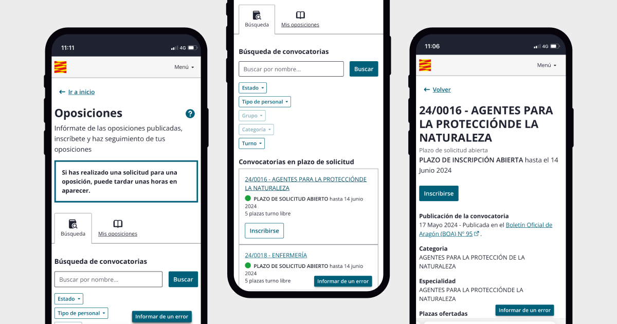 Pantallazos de móvil con información sobre oposiciones del Gobierno de Aragón