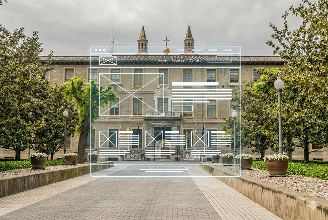 Fachada noble del Edificio Pignatelli, sede del Gobierno de Aragón, y una infografía virtual sobre su fachada
