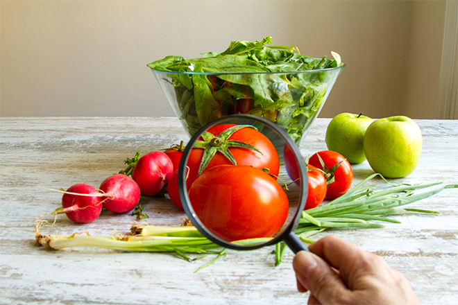 Una persona observa una serie de alimentos saludables con una lupa.
