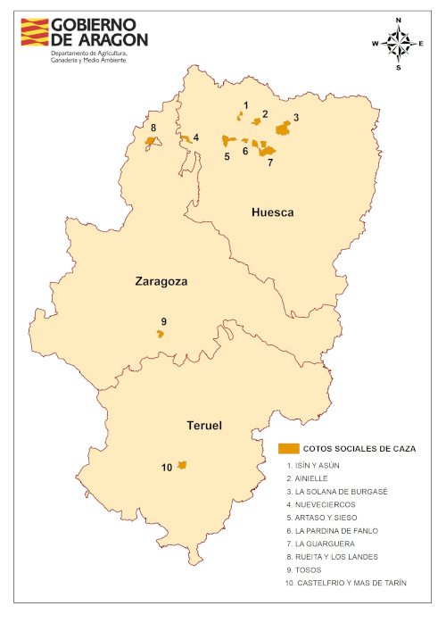 Mapa de cotos sociales de caza en Aragón