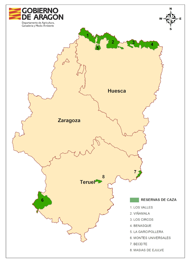 Mapa de las reservas de caza en Aragón