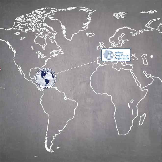 Mapa continentes americano y europeo con logotipos del IPGH e IGEAR