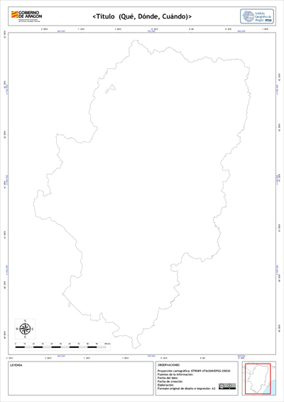 Mapa de Aragón presentado en una plantilla normalizada para la elaboración y publicación de la cartografía oficial