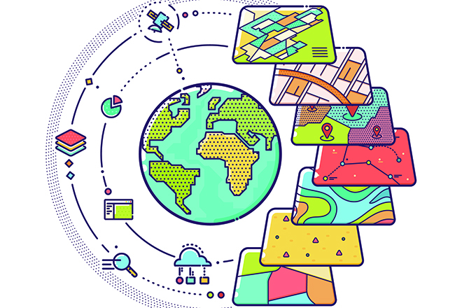 Bola del mundo rodeada de iconos de aplicaciones geográficas