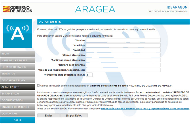 Formulario de alta en la Red de Geodesia Activa de Aragón (ARAGEA)