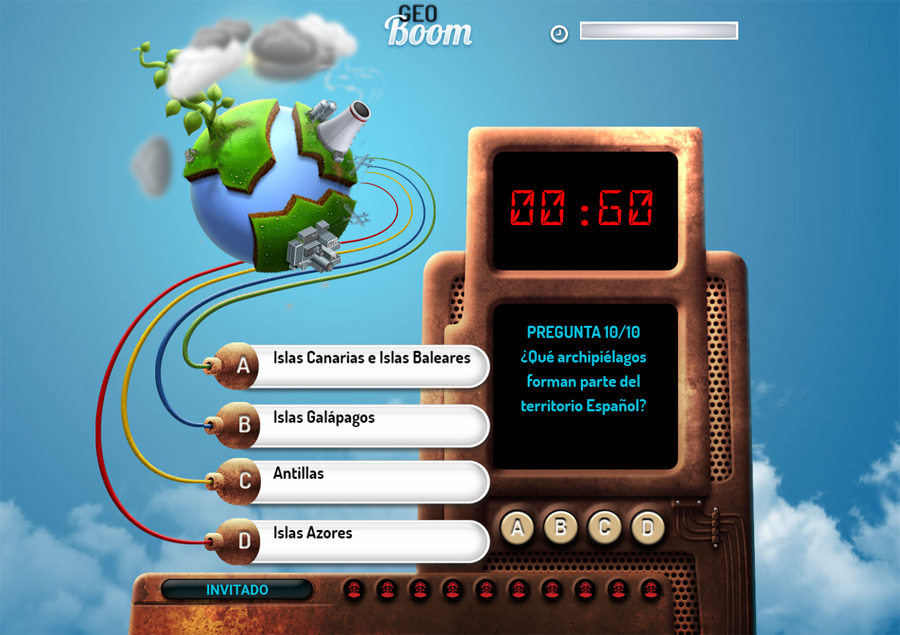 GeoBoom consiste en una batería de 10 preguntas interactivas de ámbito geográfico en formato BOMBA.