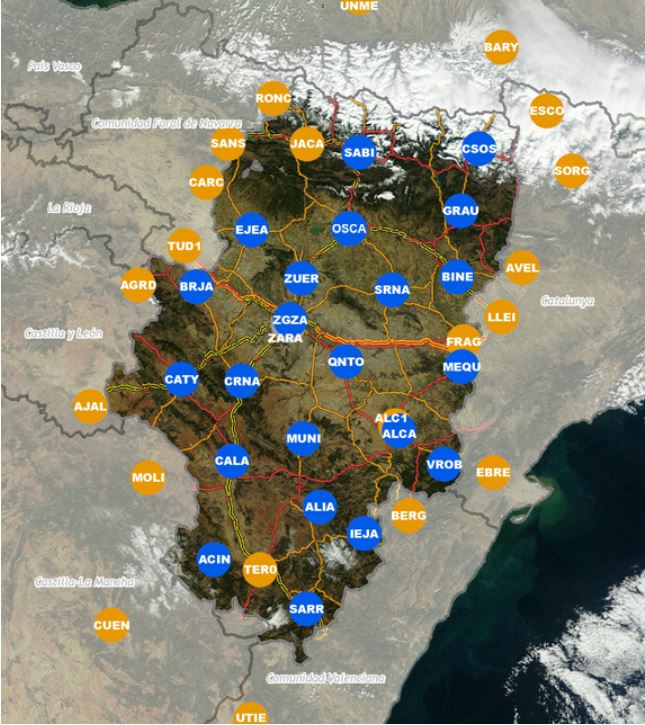 Mapa con las estaciones de la Red de Geodesia Activa de Aragón 