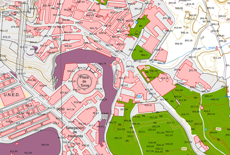 Fragmento de mapa de población de Teruel a tamaño 1:5000 en el que se destacan algunos edificios y cuadrículas de las calles.