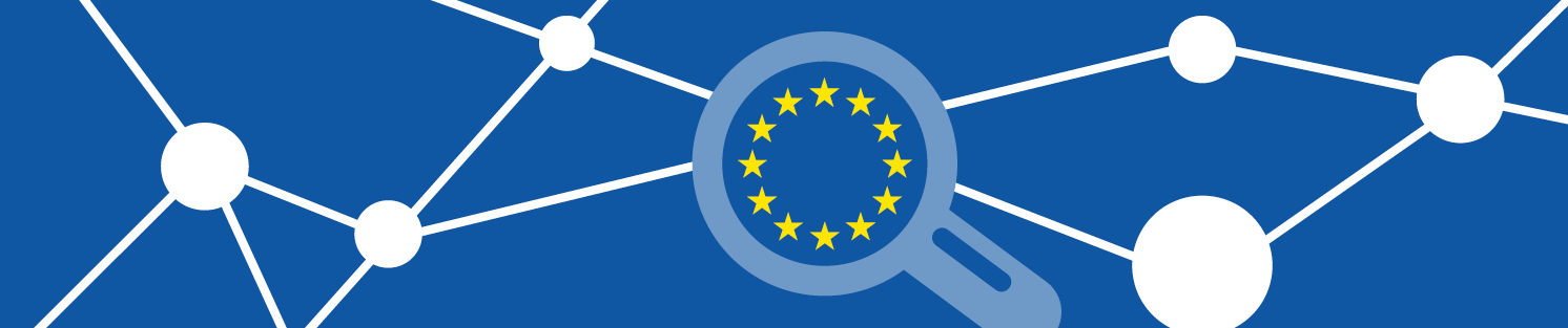 icono con la bandera de Europa dentro de una lupa