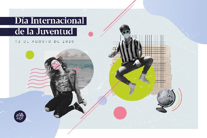 Dos jóvenes con mascarilla saltando y con el texto Día Internacional de la Juventud en la parte superior izquierda