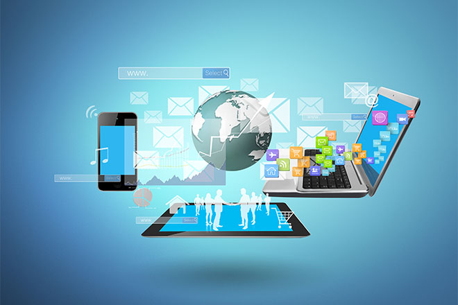 Ilustración con varios dispositivos móviles (tableta, smartphone), ordenador portátil, caja de búsqueda web