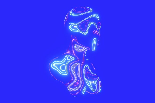 Sobre un fondo azul se dibuja de forma abstracta un perfil y un torso humano