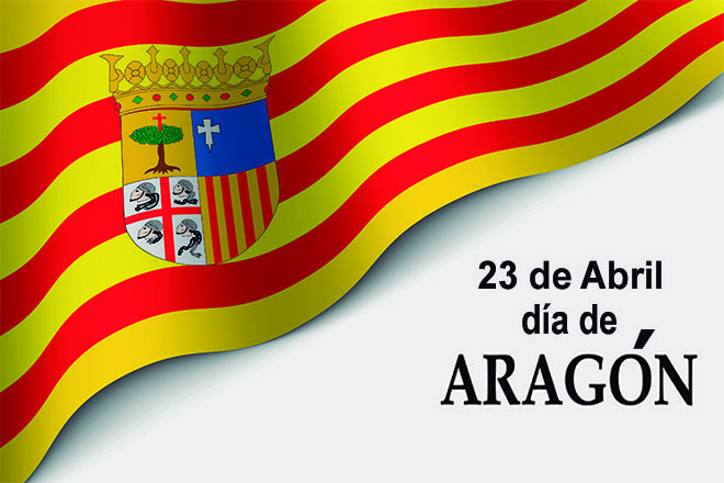 Bandera de Aragón con el texto 23 de Abril, Día de Aragón