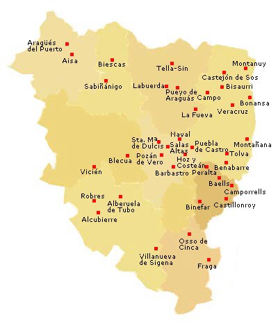 Mapa de la provincia de Huesca con las localidades en las que se han realizado obras de restauración del patrimonio