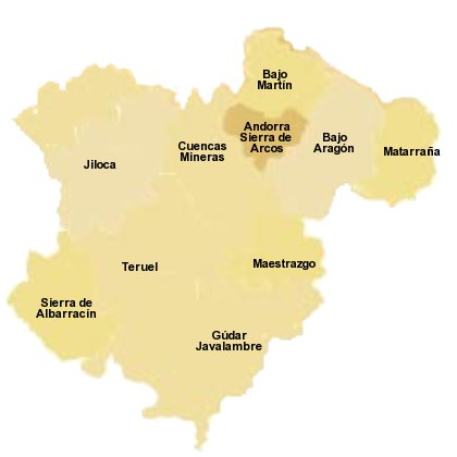 Mapa de la provincia de Teruel con identificación de las comarcas en las que se han realizado obras de restauración del patrimonio
