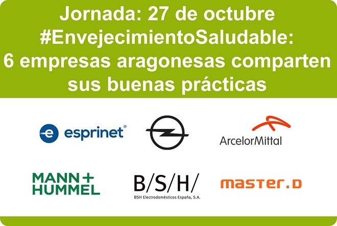 Jornada 27 de octubre #EnvejcimientoSaludable: 6 empresas aragonesas comparten sus buenas prácticas. Logos de empresas participantes.