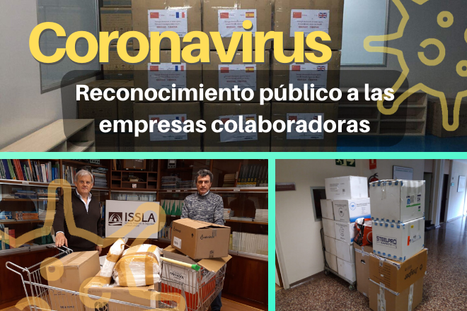 Coronavirus, reconocimiento público a las empresas colaboradoras. Collage de tres fotografías con donaciones de material de protección.