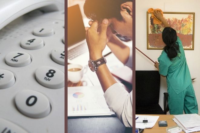 Collage de tres imágenes: la primera representa un teléfono, la segunda un trabajador estresado y la tercera una trabajadora del sector de limpieza.