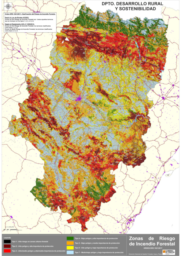 Mapa de zonas de riesgo forestal en Aragón