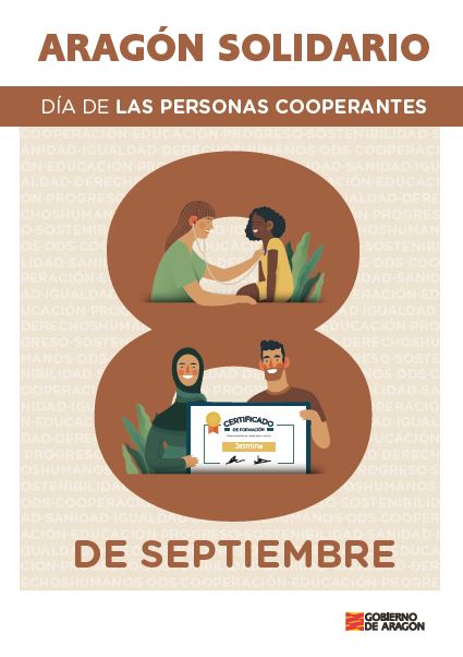 Dibujo central de un 8 con figuras de personas de distintas etnias y la leyenda Aragón solidario, día de las personas cooperantes 8 de septiembre.