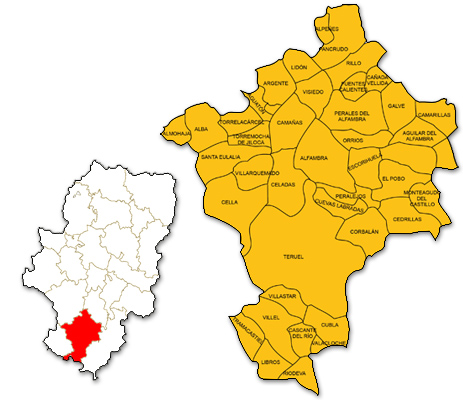 Mapa de Aragón señalado con la zona de actuación de ADRI TERUEL