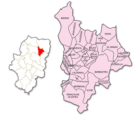 Mapa de Aragón señalado con la zona de actuación de CEDER SOMONTANO