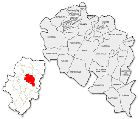 Mapa de Aragón señalado con la zona de actuación de CEDER MONEGROS