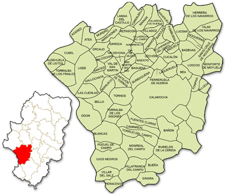 Mapa de Aragón señalado con la zona de actuación de ADRI JILOCA GALLOCANTA