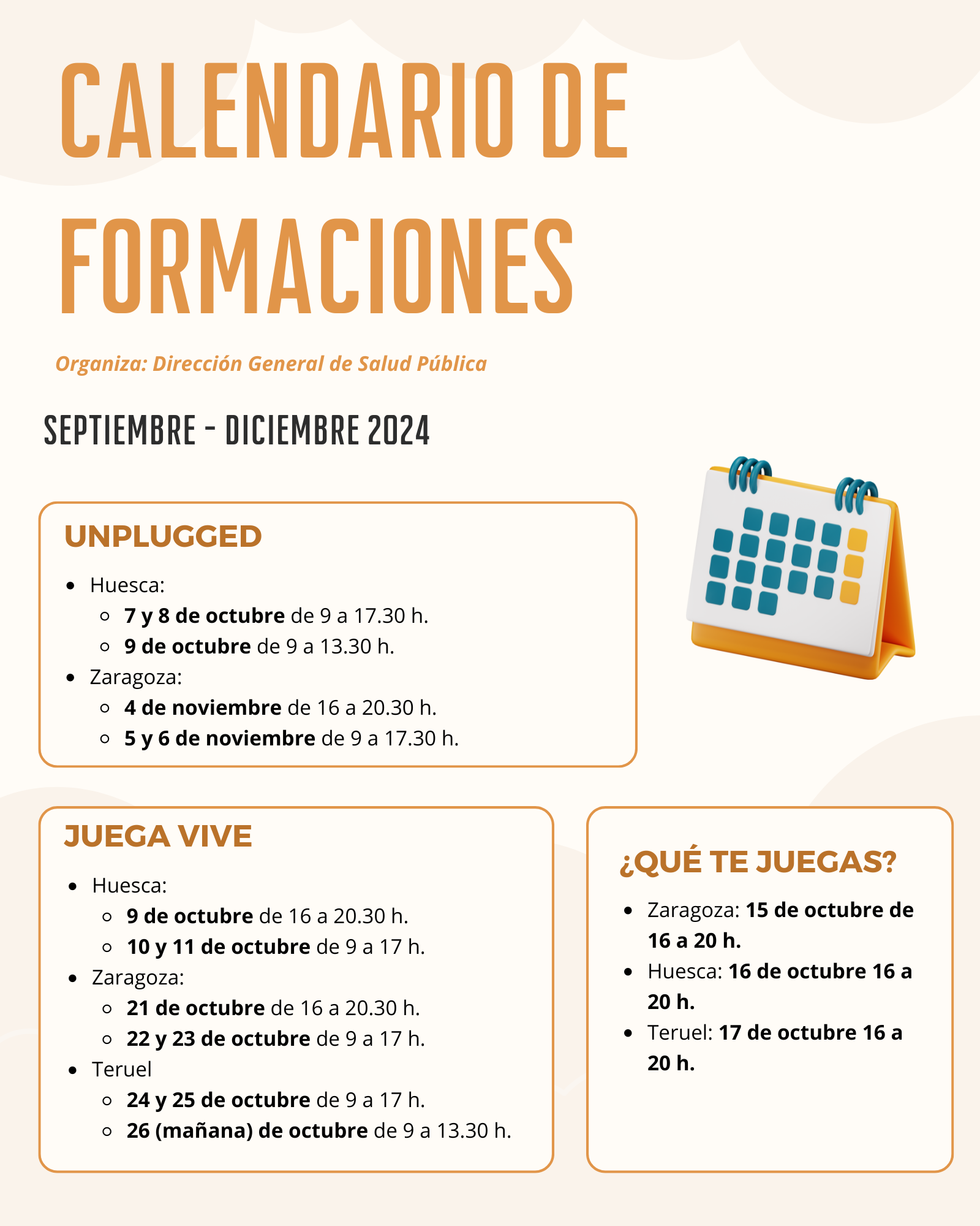 Calendario de formaciones septiembre - diciembre 2024. Dirección General de Salud Pública