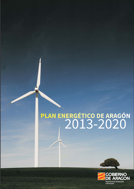 Portada del Plan Energético de Aragón 2013-2020 del Gobierno de Aragón. Incluye la imagen de dos aerogeneradores.  