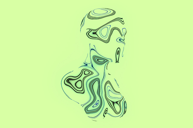 Sobre un fondo verde se dibuja de forma abstracta un perfil y un torso humano